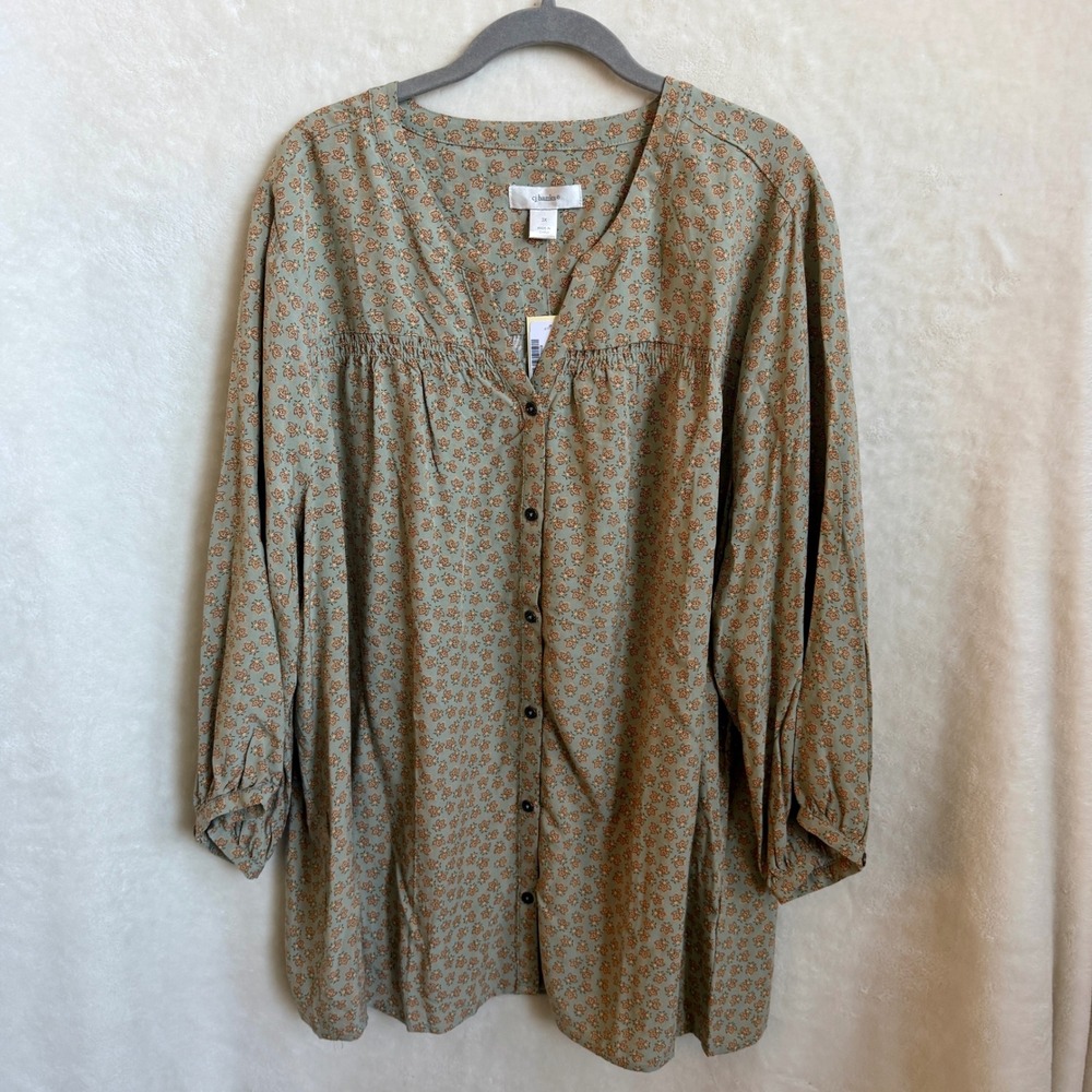 CJ Banks Sage Green Floral Smocked Yoke Button Front Tunic NWT Plus Size 3X